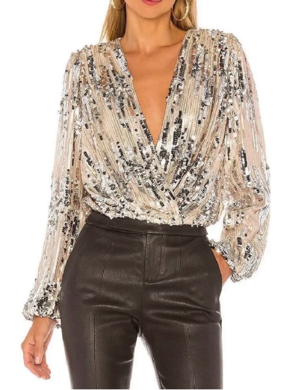 ASTR the Label Primadonna Sequin Long Sleeve Faux Wrap Blouse Gold Beige Small